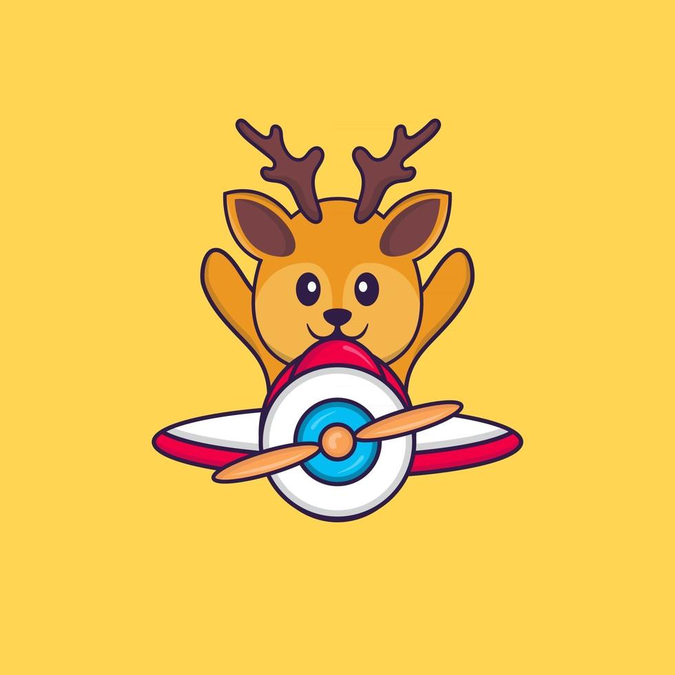 Cute deer flying on a plane. Animal cartoon concept isolated. Can used for t-shirt, greeting card, invitation card or mascot. Flat Cartoon Style vector