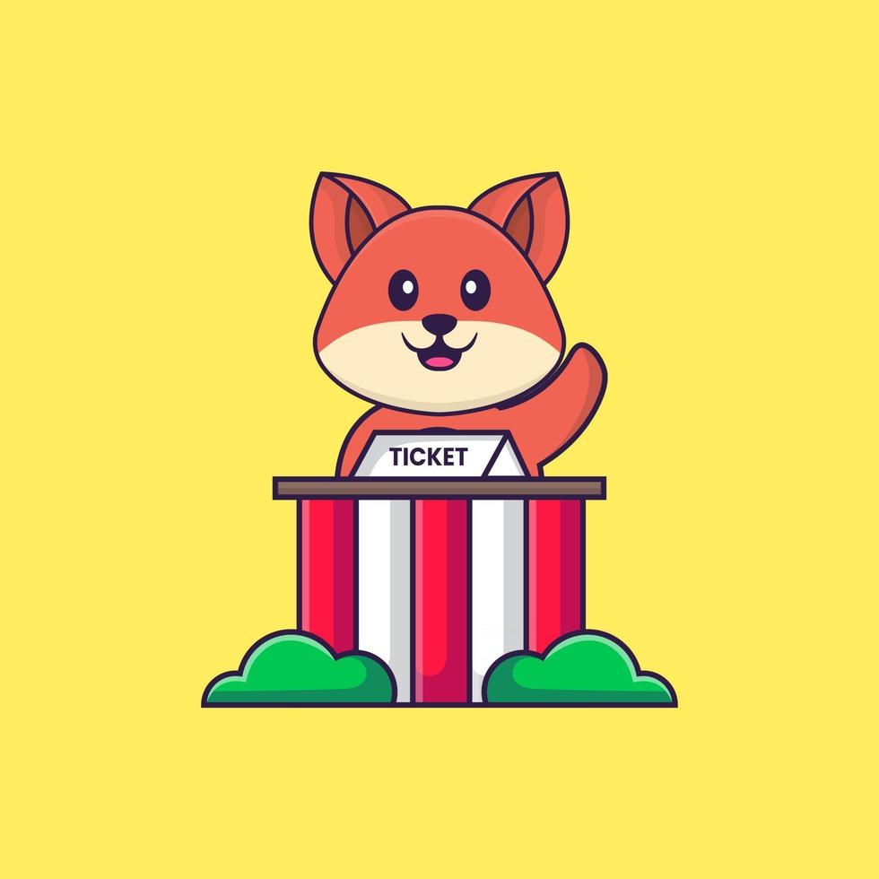 Cute fox is being a ticket keeper. Animal cartoon concept isolated. Can used for t-shirt, greeting card, invitation card or mascot. Flat Cartoon Style vector