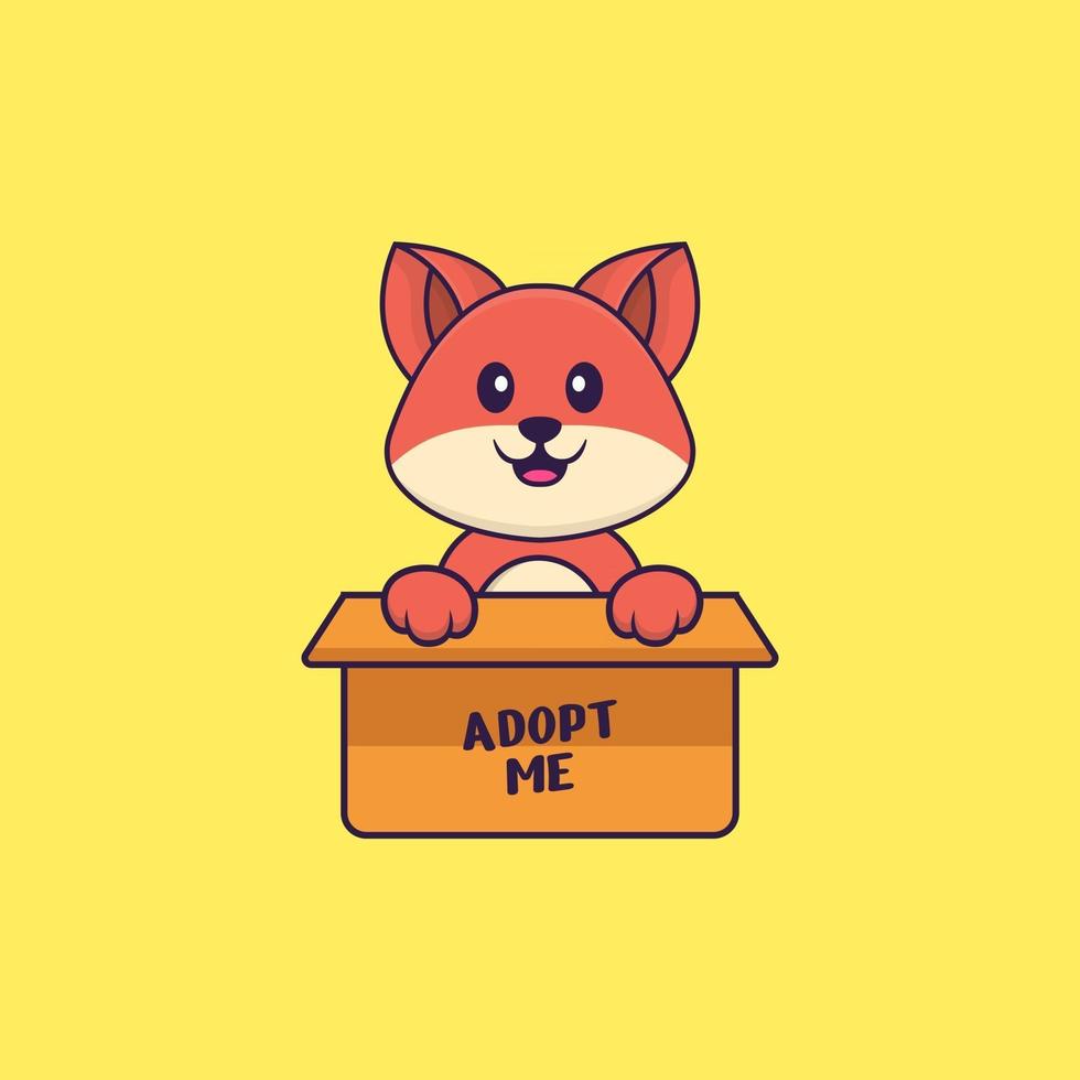 Cute fox in box with a poster Adopt me. Animal cartoon concept isolated. Can used for t-shirt, greeting card, invitation card or mascot. Flat Cartoon Style vector