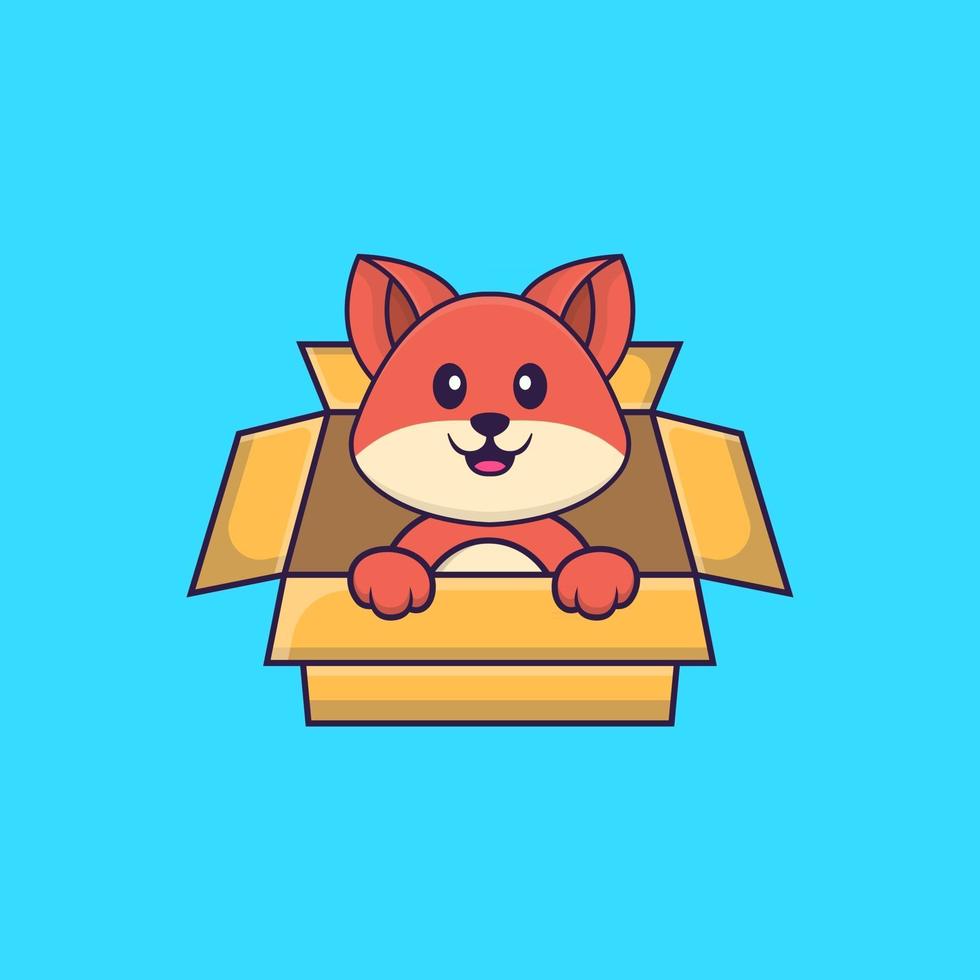 Cute fox Playing In Box. Animal cartoon concept isolated. Can used for t-shirt, greeting card, invitation card or mascot. Flat Cartoon Style vector