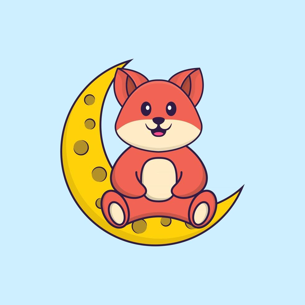 Cute fox is sitting on the moon. Animal cartoon concept isolated. Can used for t-shirt, greeting card, invitation card or mascot. Flat Cartoon Style vector