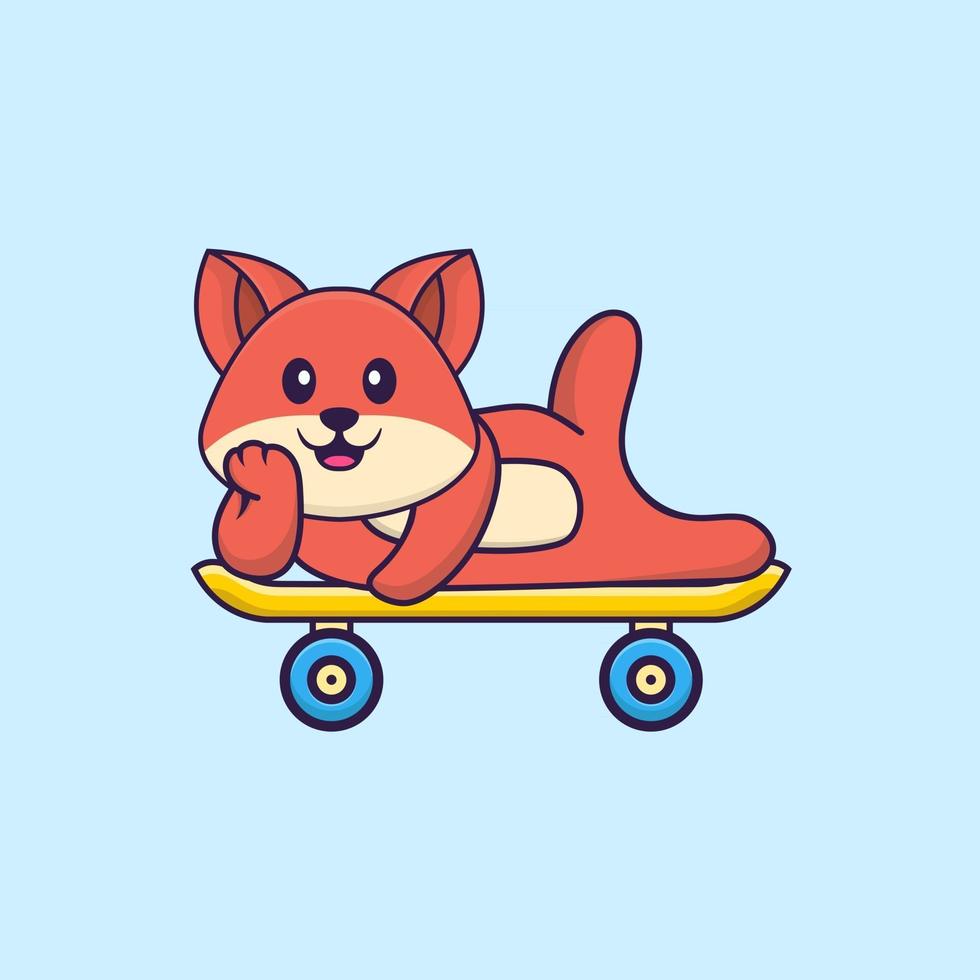 Cute fox lying on a skateboard. Animal cartoon concept isolated. Can used for t-shirt, greeting card, invitation card or mascot. Flat Cartoon Style vector