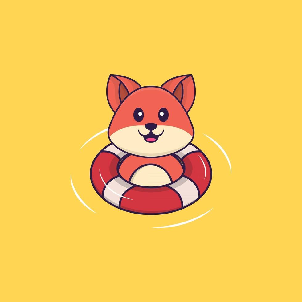 Cute fox is Swimming with a buoy. Animal cartoon concept isolated. Can used for t-shirt, greeting card, invitation card or mascot. Flat Cartoon Style vector