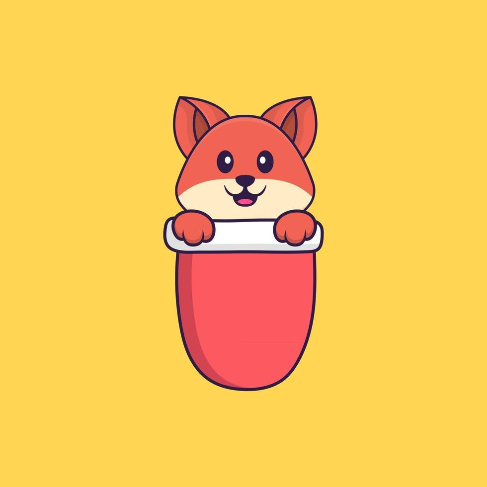 Cute fox in red pocket. Animal cartoon concept isolated. Can used for t-shirt, greeting card, invitation card or mascot. Flat Cartoon Style vector
