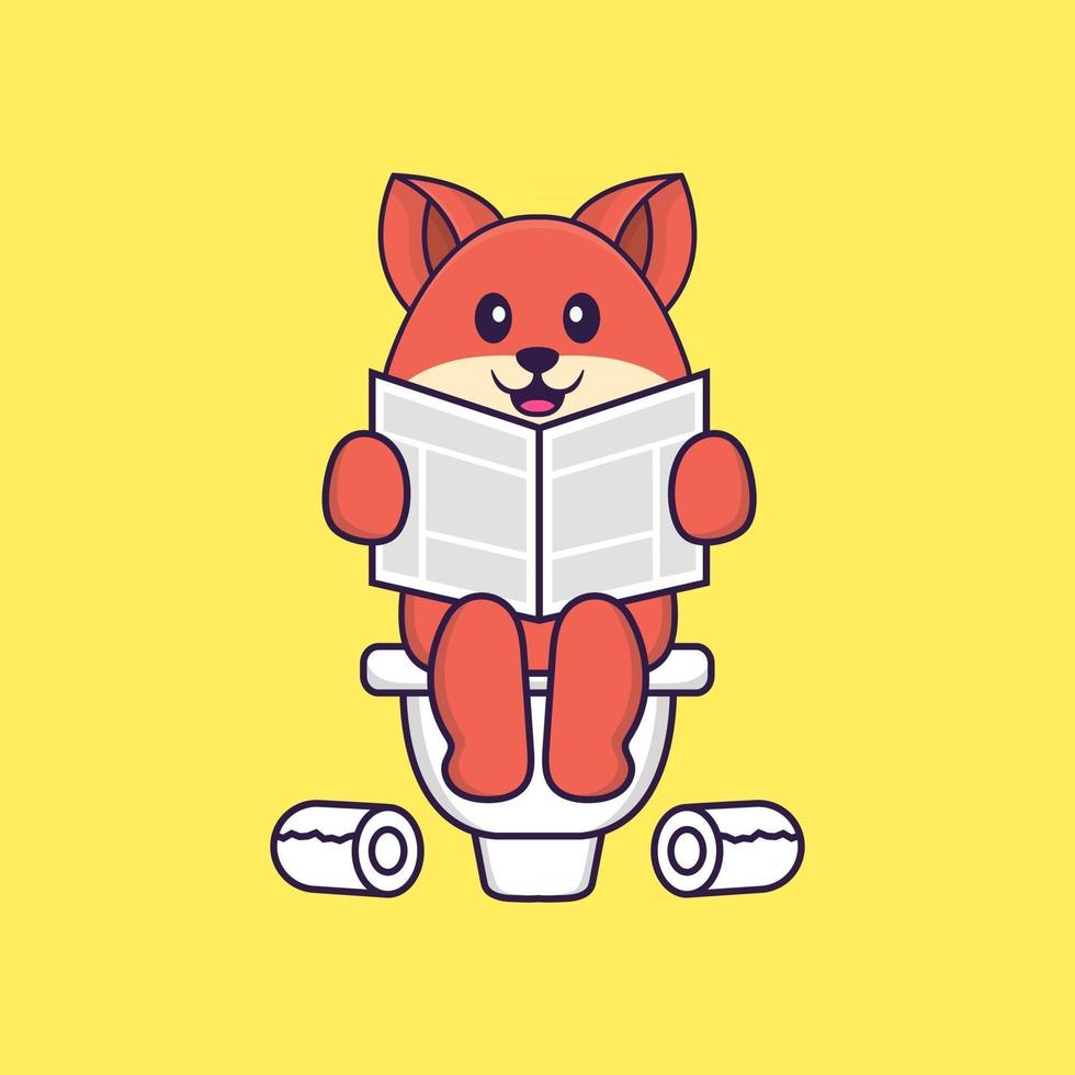 Cute fox Pooping On Toilet and read newspaper. Animal cartoon concept isolated. Can used for t-shirt, greeting card, invitation card or mascot. Flat Cartoon Style vector