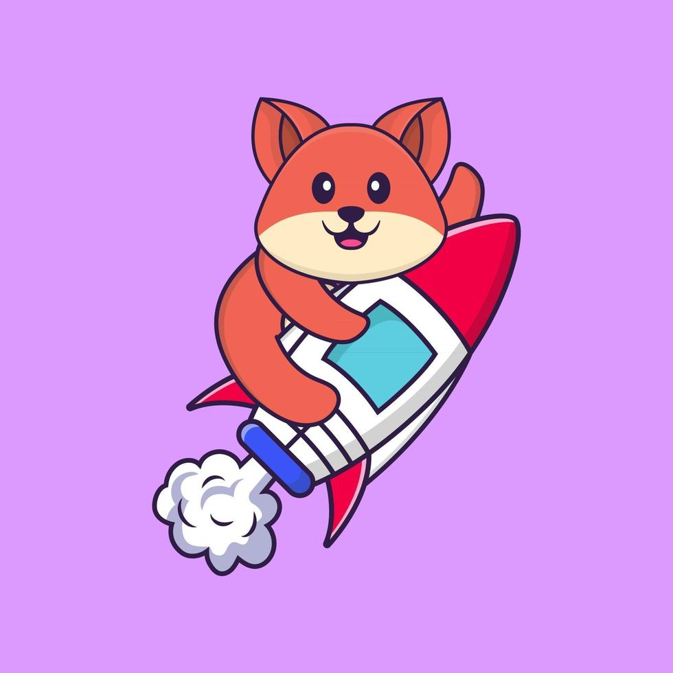 Cute fox flying on rocket. Animal cartoon concept isolated. Can used for t-shirt, greeting card, invitation card or mascot. Flat Cartoon Style vector