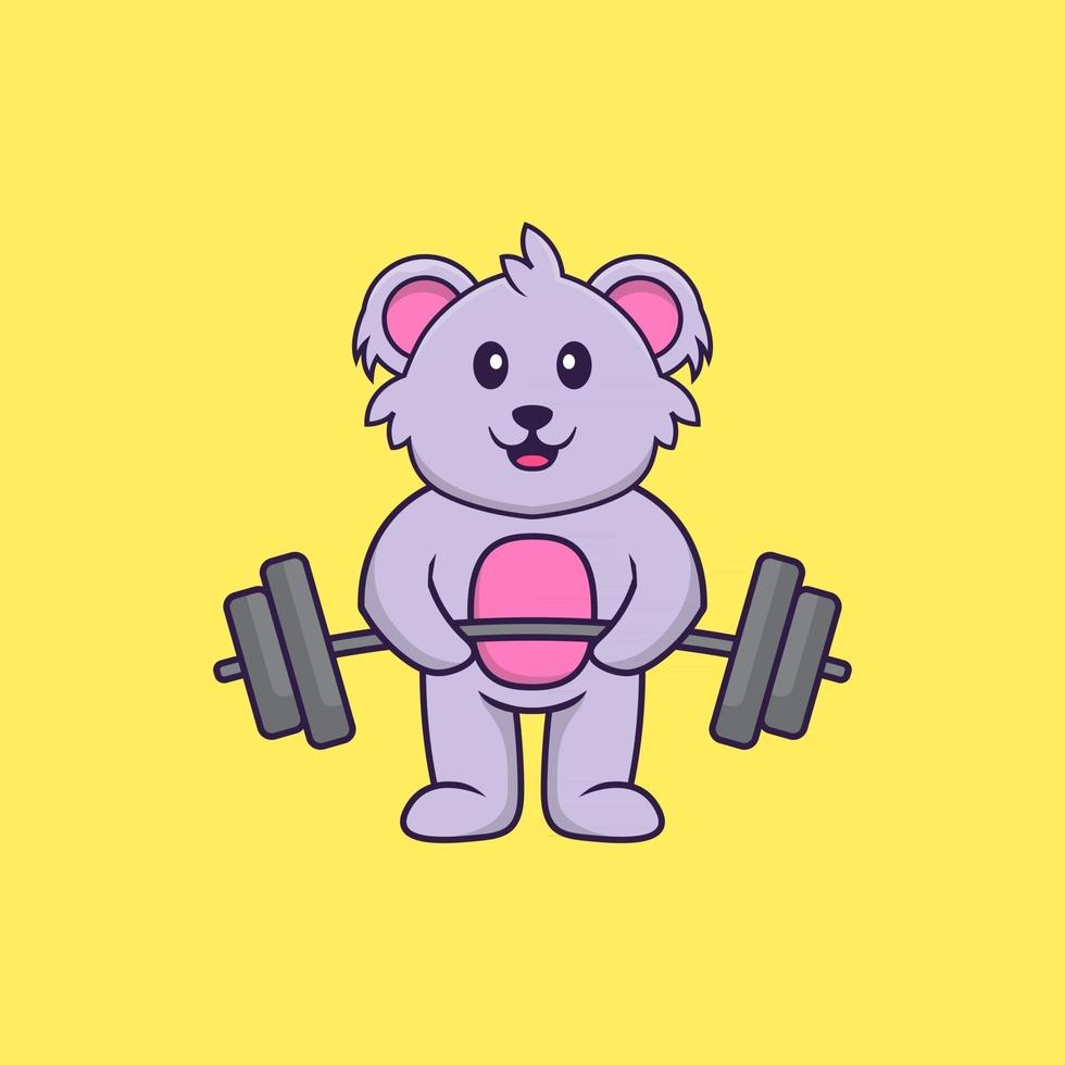 Cute koala lifts the barbell. Animal cartoon concept isolated. Can used for t-shirt, greeting card, invitation card or mascot. Flat Cartoon Style vector