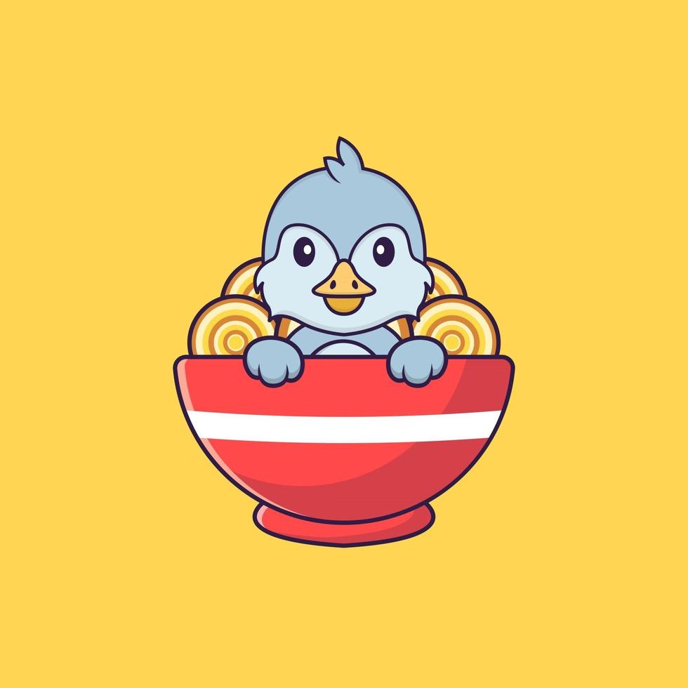 Cute bird eating ramen noodles. Animal cartoon concept isolated. Can used for t-shirt, greeting card, invitation card or mascot. Flat Cartoon Style vector