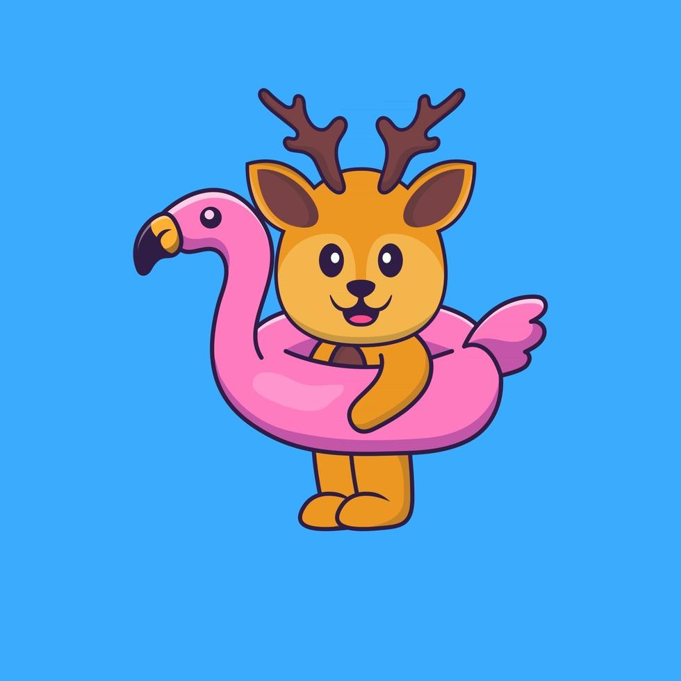 Cute deer With flamingo buoy. Animal cartoon concept isolated. Can used for t-shirt, greeting card, invitation card or mascot. Flat Cartoon Style vector