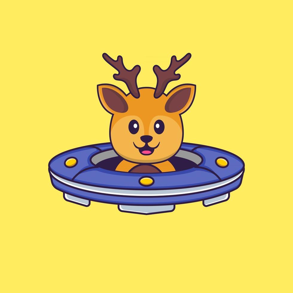 Cute deer Driving Spaceship Ufo. Animal cartoon concept isolated. Can used for t-shirt, greeting card, invitation card or mascot. Flat Cartoon Style vector