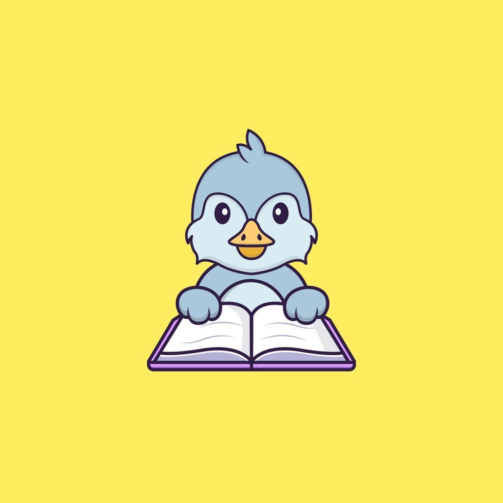 Cute bird reading a book. Animal cartoon concept isolated. Can used for t-shirt, greeting card, invitation card or mascot. Flat Cartoon Style vector