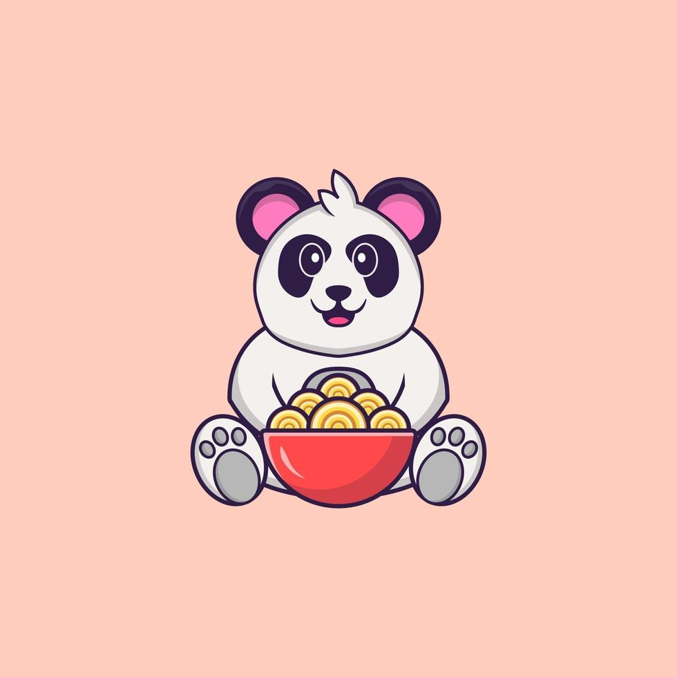 Cute Panda eating ramen noodles. Animal cartoon concept isolated. Can used for t-shirt, greeting card, invitation card or mascot. Flat Cartoon Style vector