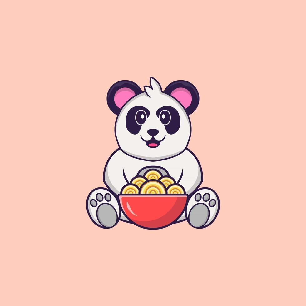 lindo panda comiendo fideos ramen. aislado concepto de dibujos animados de animales. Puede utilizarse para camiseta, tarjeta de felicitación, tarjeta de invitación o mascota. estilo de dibujos animados plana vector