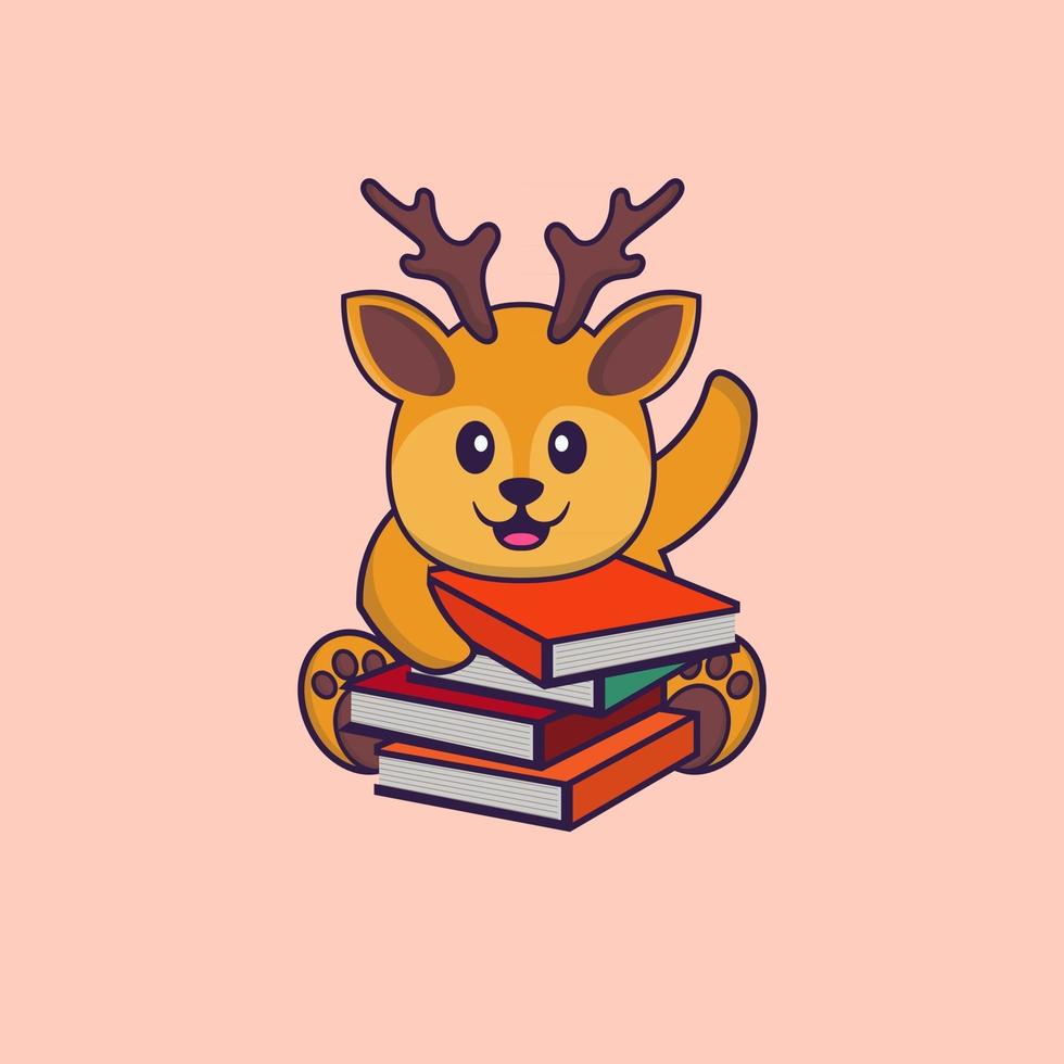 Cute deer reading a book. Animal cartoon concept isolated. Can used for t-shirt, greeting card, invitation card or mascot. flat cartoon style vector