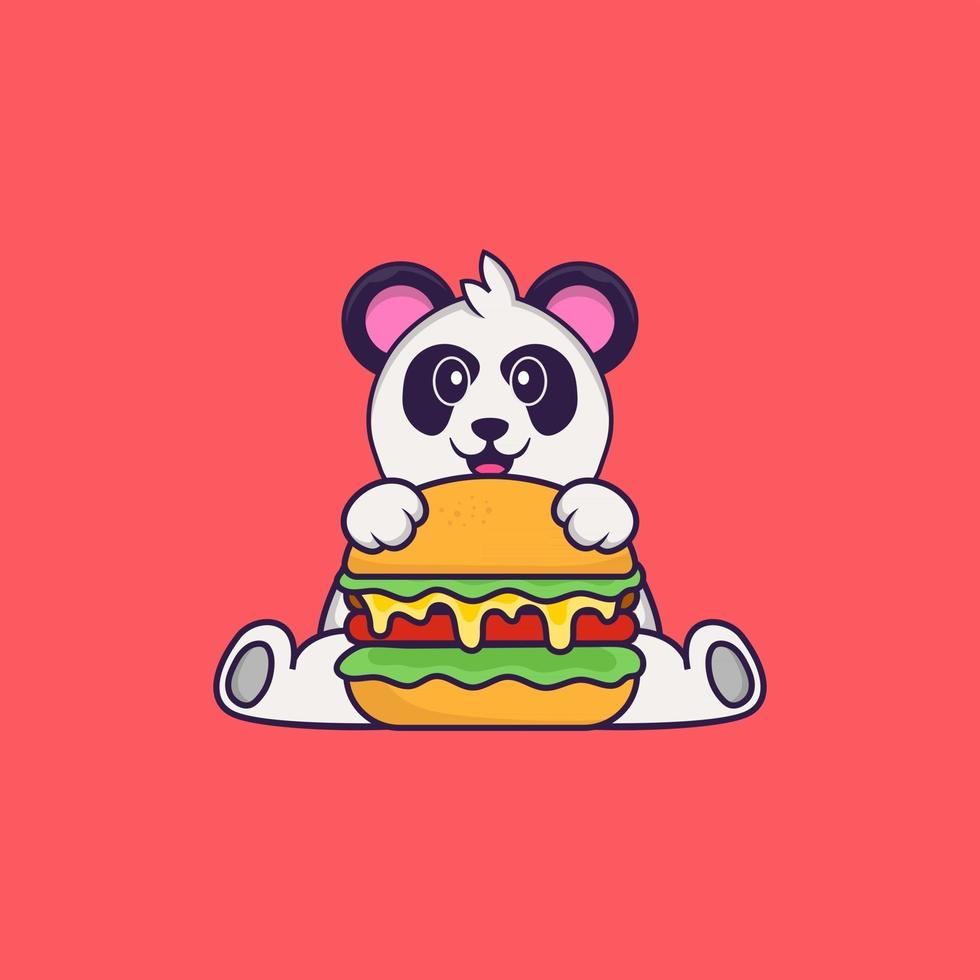 Cute Panda eating burger. Animal cartoon concept isolated. Can used for t-shirt, greeting card, invitation card or mascot. Flat Cartoon Style vector