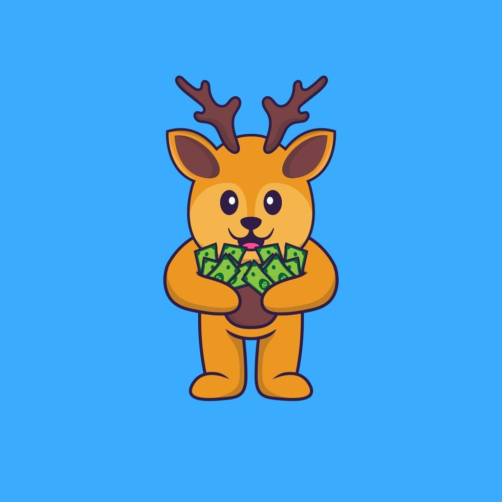 Cute deer holding money. Animal cartoon concept isolated. Can used for t-shirt, greeting card, invitation card or mascot. Flat Cartoon Style vector