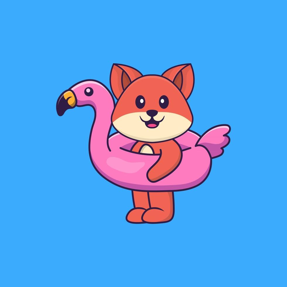 lindo zorro con boya flamingo. aislado concepto de dibujos animados de animales. Puede utilizarse para camiseta, tarjeta de felicitación, tarjeta de invitación o mascota. estilo de dibujos animados plana vector