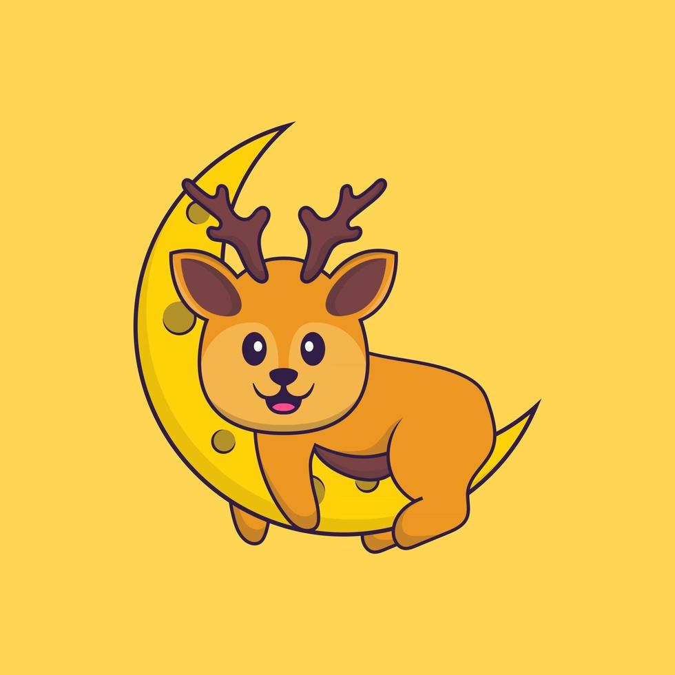 Cute deer is on the moon. Animal cartoon concept isolated. Can used for t-shirt, greeting card, invitation card or mascot. Flat Cartoon Style vector