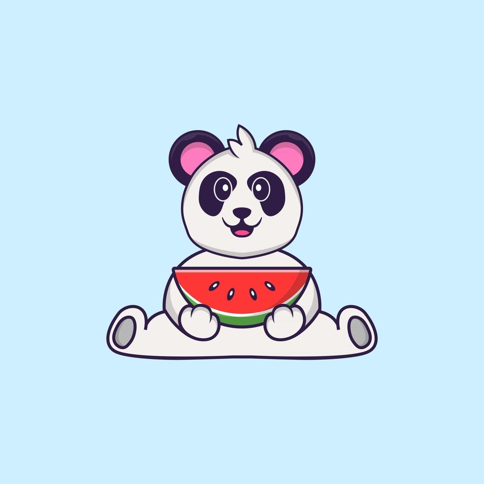 Cute Panda eating watermelon. Animal cartoon concept isolated. Can used for t-shirt, greeting card, invitation card or mascot. Flat Cartoon Style vector