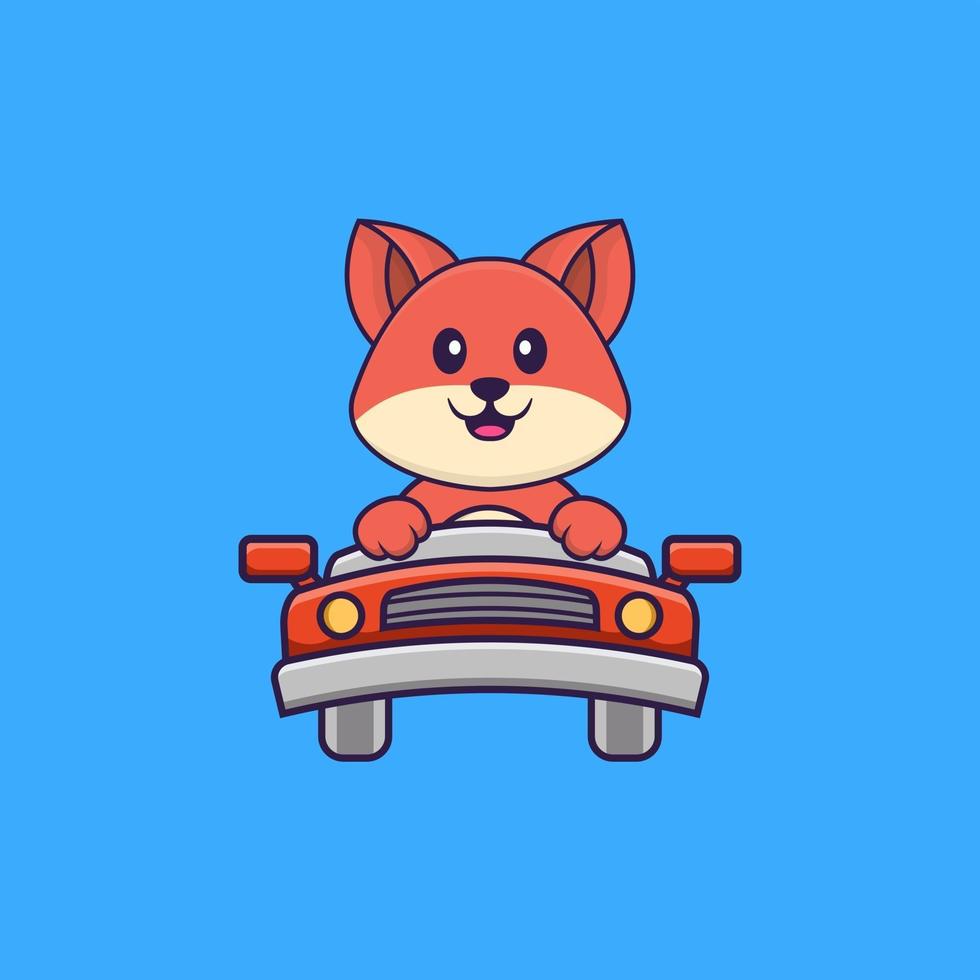 Cute fox is driving. Animal cartoon concept isolated. Can used for t-shirt, greeting card, invitation card or mascot. Flat Cartoon Style vector