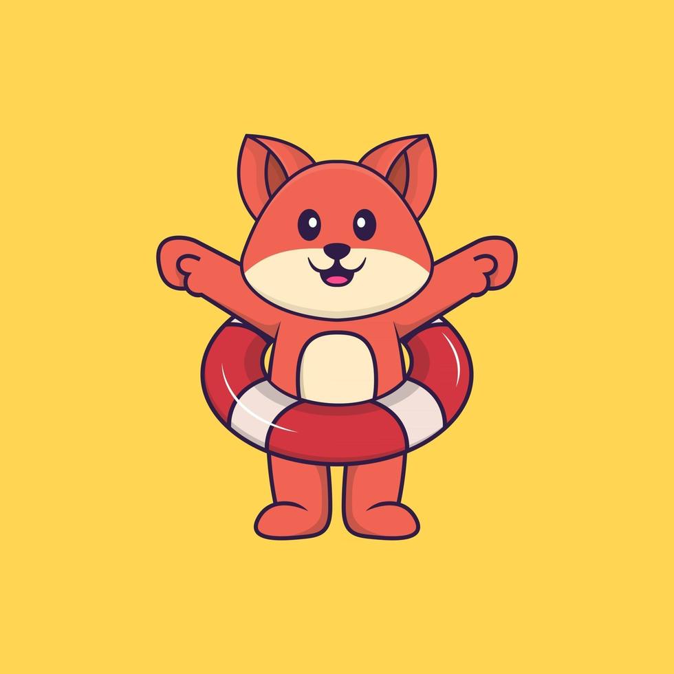 Cute fox using a float. Animal cartoon concept isolated. Can used for t-shirt, greeting card, invitation card or mascot. Flat Cartoon Style vector