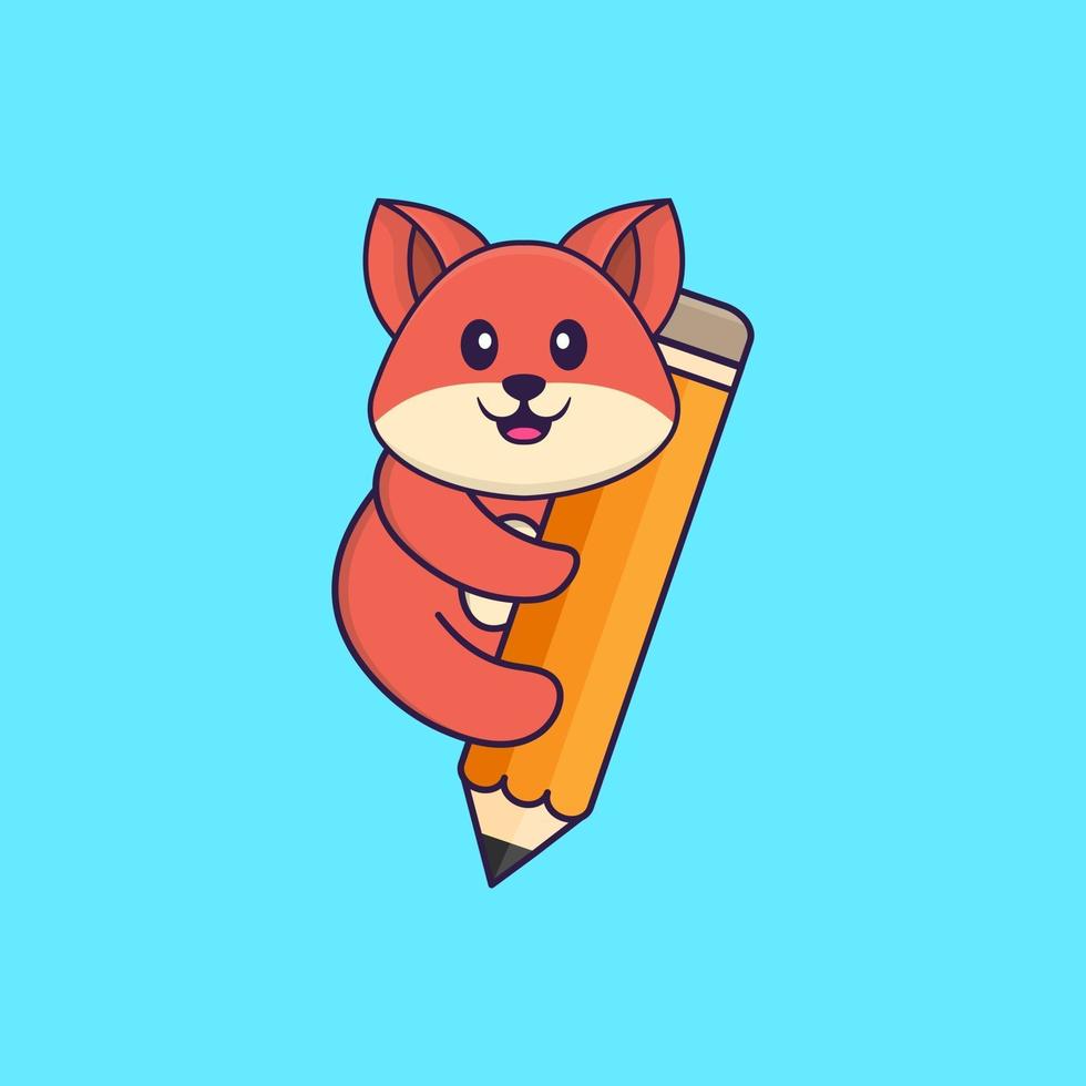 Cute fox holding a pencil. Animal cartoon concept isolated. Can used for t-shirt, greeting card, invitation card or mascot. Flat Cartoon Style vector