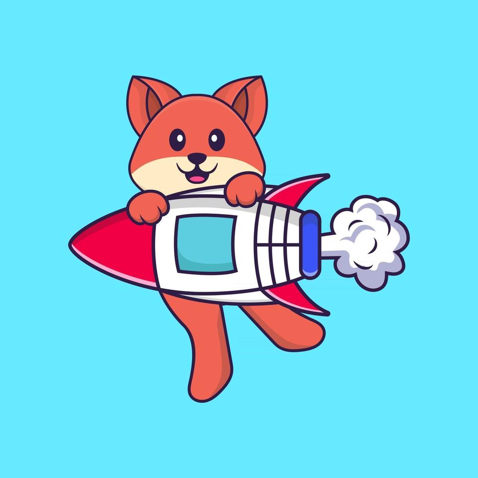 Cute fox flying on rocket. Animal cartoon concept isolated. Can used for t-shirt, greeting card, invitation card or mascot. Flat Cartoon Style vector