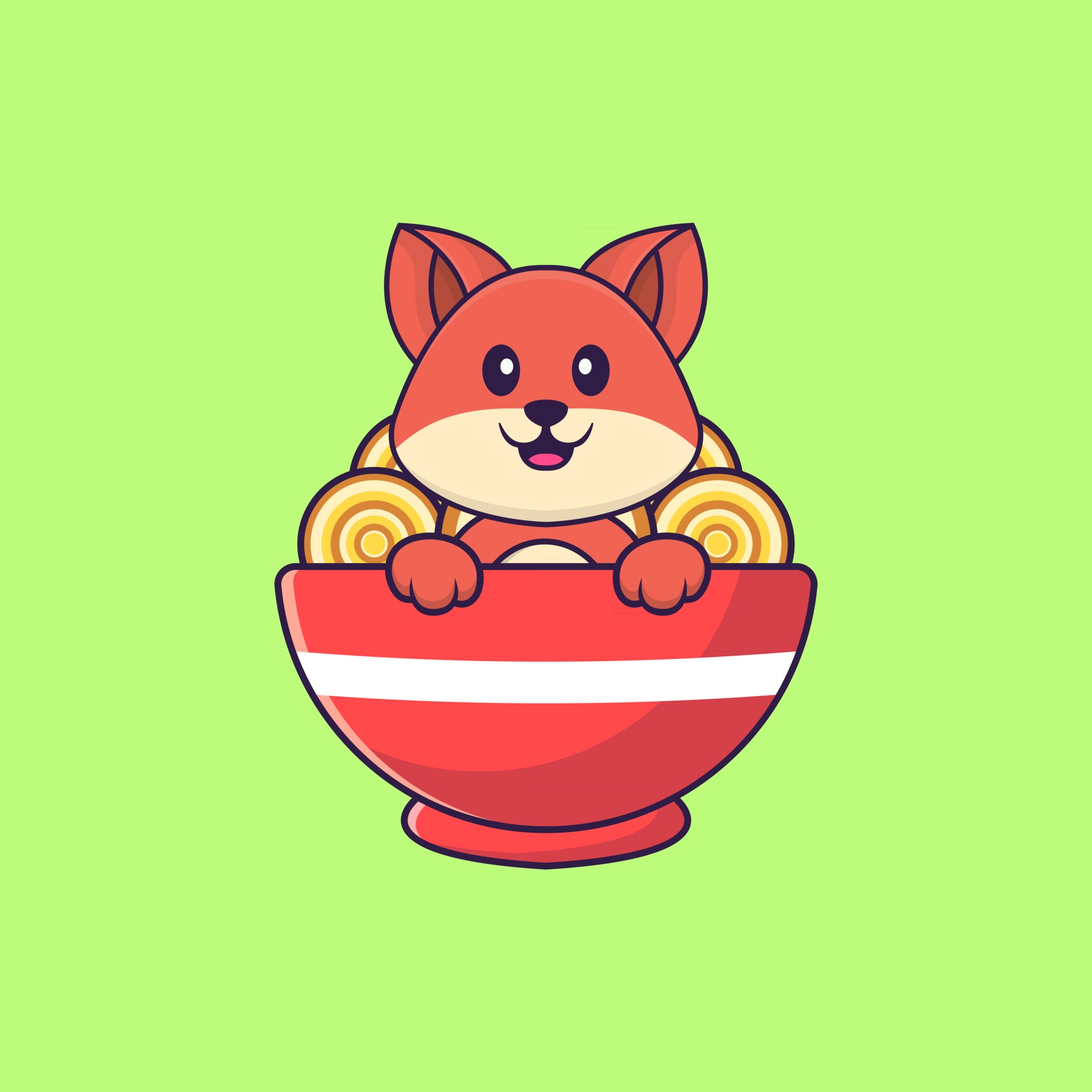 Cute fox eating ramen noodles. Animal cartoon concept isolated. Can used for tshirt, greeting