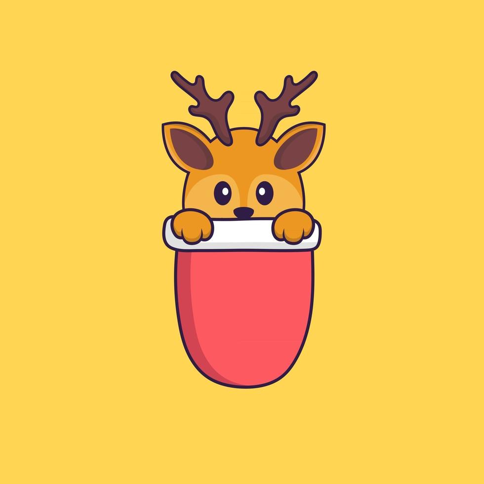 Cute deer in red pocket. Animal cartoon concept isolated. Can used for t-shirt, greeting card, invitation card or mascot. Flat Cartoon Style vector