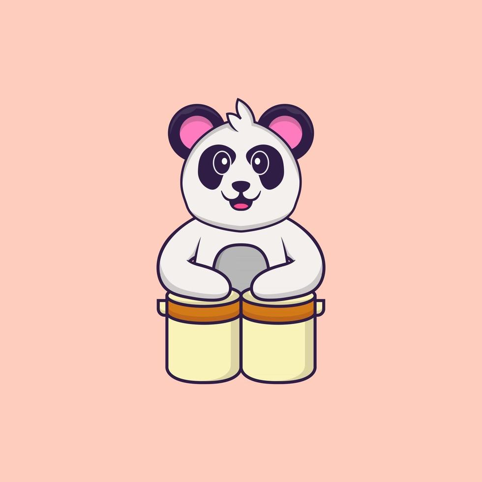 Cute Panda is playing drums. Animal cartoon concept isolated. Can used for t-shirt, greeting card, invitation card or mascot. Flat Cartoon Style vector