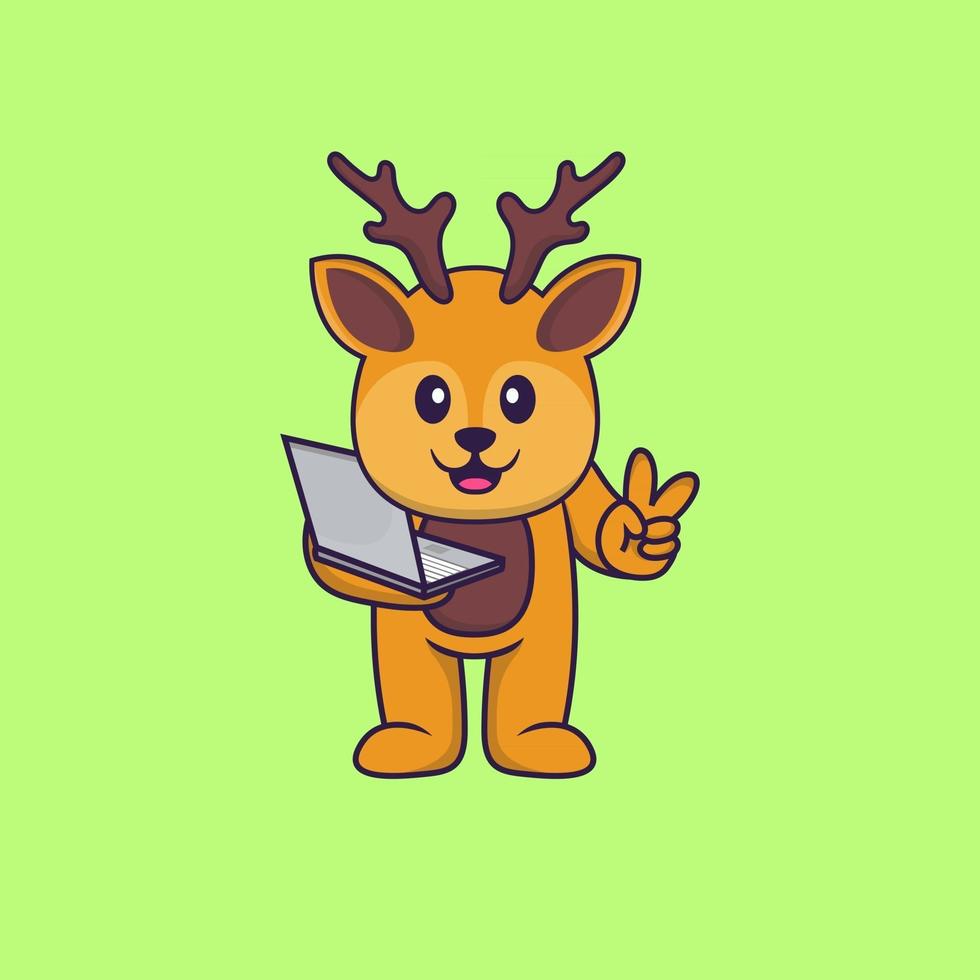 lindo ciervo con laptop. aislado concepto de dibujos animados de animales. Puede utilizarse para camiseta, tarjeta de felicitación, tarjeta de invitación o mascota. estilo de dibujos animados plana vector