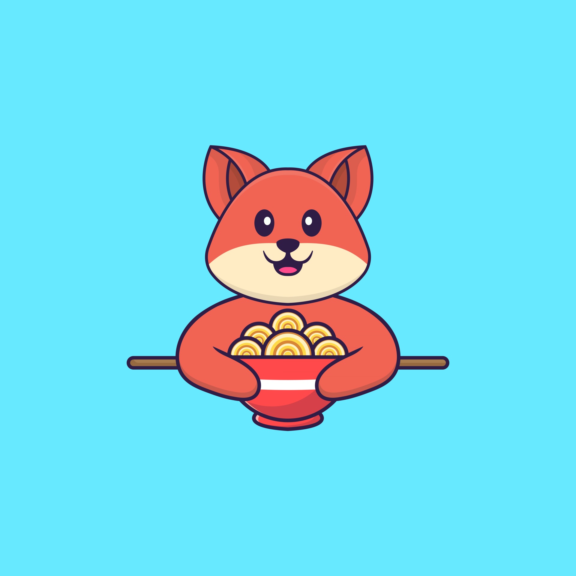 Cute fox eating ramen noodles. Animal cartoon concept isolated. Can used for tshirt, greeting
