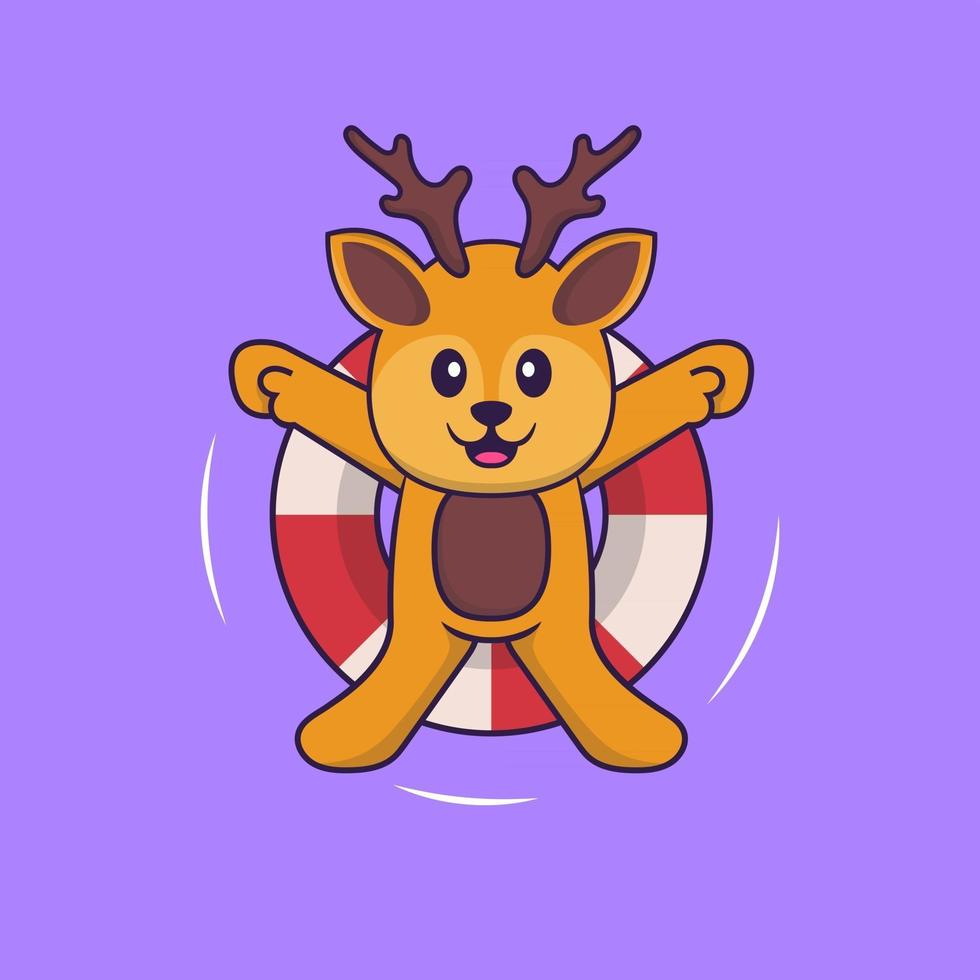 Cute deer is Swimming with a buoy. Animal cartoon concept isolated. Can used for t-shirt, greeting card, invitation card or mascot. Flat Cartoon Style vector