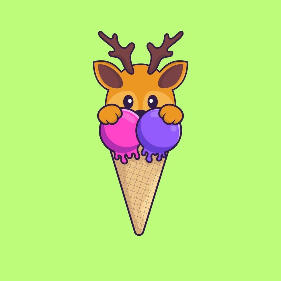 Cute deer with sweet ice cream. Animal cartoon concept isolated. Can used for t-shirt, greeting card, invitation card or mascot. Flat Cartoon Style vector