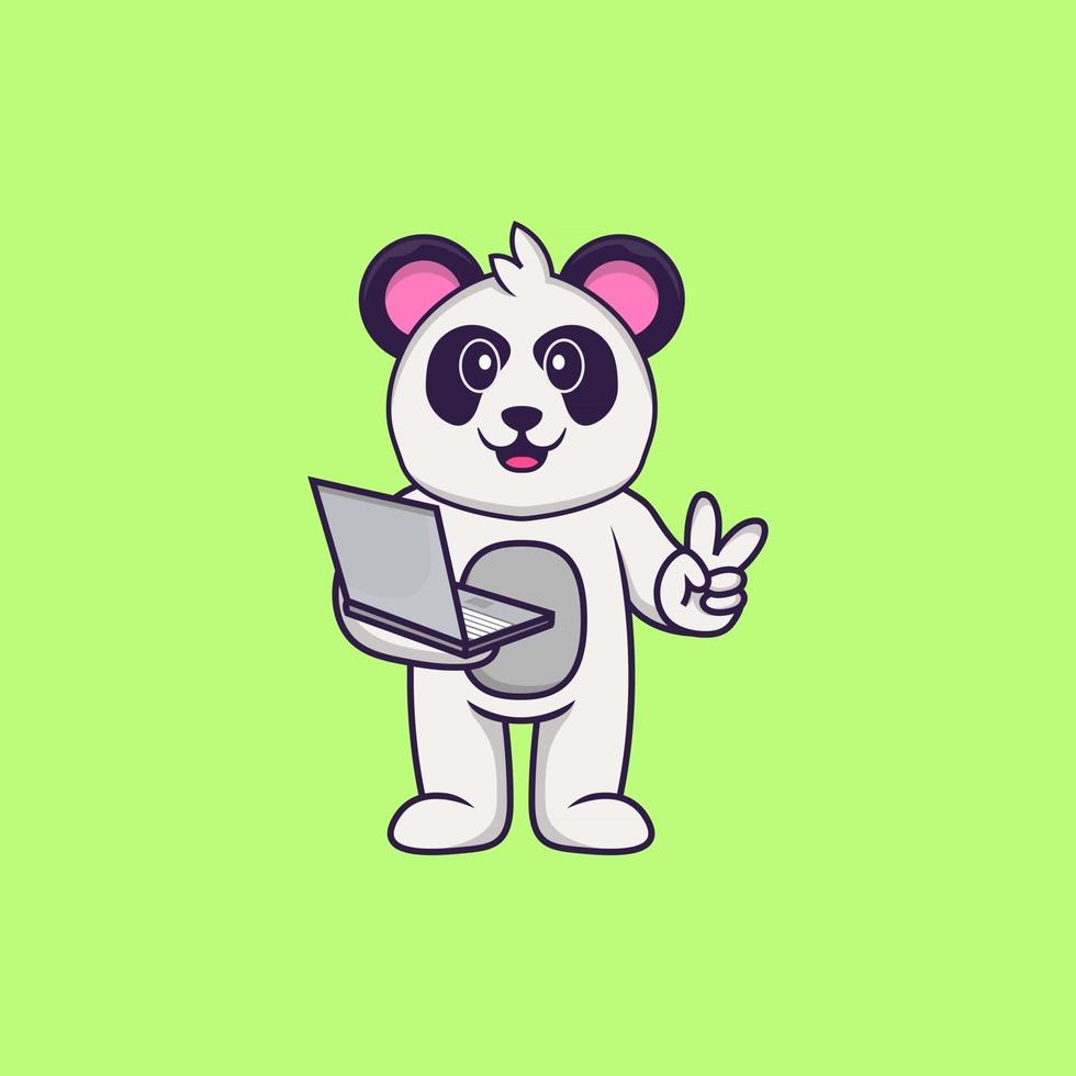 Cute Panda holding laptop. Animal cartoon concept isolated. Can used for t-shirt, greeting card, invitation card or mascot. Flat Cartoon Style vector