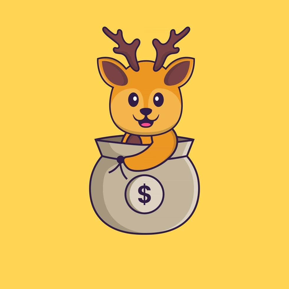 Cute deer in a money bag. Animal cartoon concept isolated. Can used for t-shirt, greeting card, invitation card or mascot. Flat Cartoon Style vector