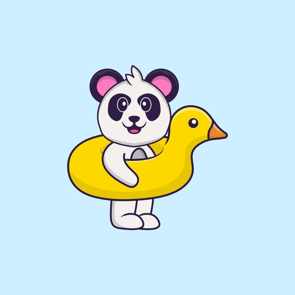 Cute Panda With Duck buoy. Animal cartoon concept isolated. Can used for t-shirt, greeting card, invitation card or mascot. Flat Cartoon Style vector