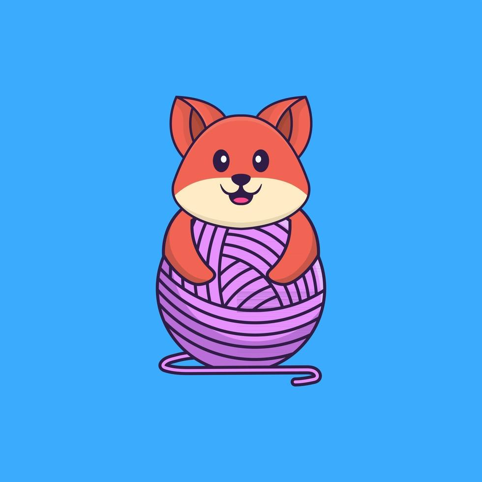 Cute fox playing with wool yarn. Animal cartoon concept isolated. Can used for t-shirt, greeting card, invitation card or mascot. Flat Cartoon Style vector