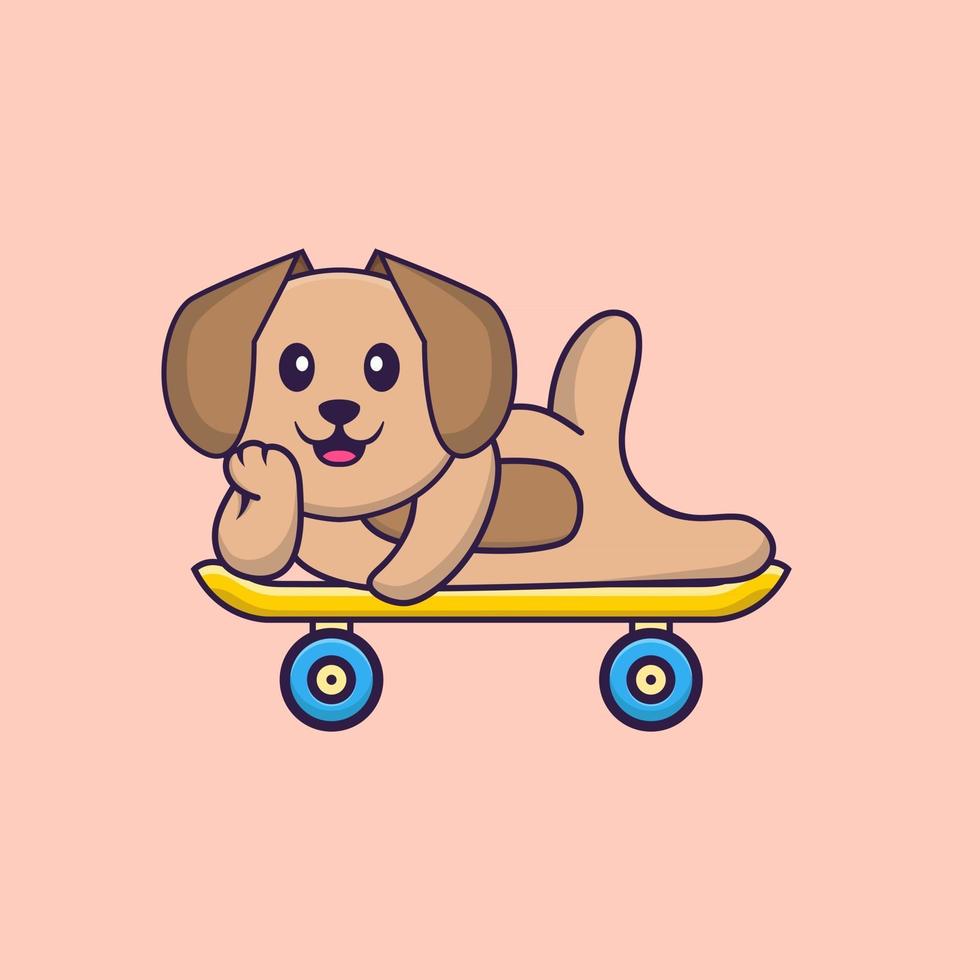 Cute dog lying on a skateboard. Animal cartoon concept isolated. Can used for t-shirt, greeting card, invitation card or mascot. Flat Cartoon Style vector