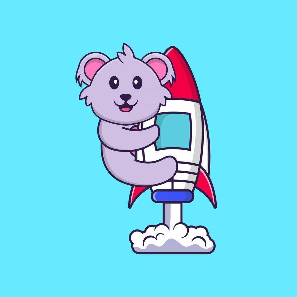 Cute koala flying on rocket. Animal cartoon concept isolated. Can used for t-shirt, greeting card, invitation card or mascot. Flat Cartoon Style vector