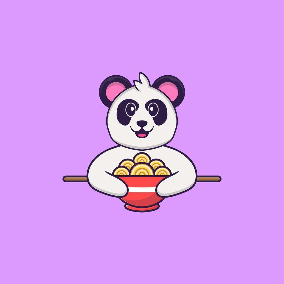 Cute Panda eating ramen noodles. Animal cartoon concept isolated. Can used for t-shirt, greeting card, invitation card or mascot. Flat Cartoon Style vector