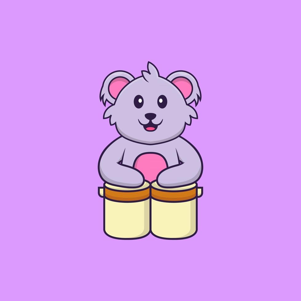 Cute koala is playing drums. Animal cartoon concept isolated. Can used for t-shirt, greeting card, invitation card or mascot. Flat Cartoon Style vector