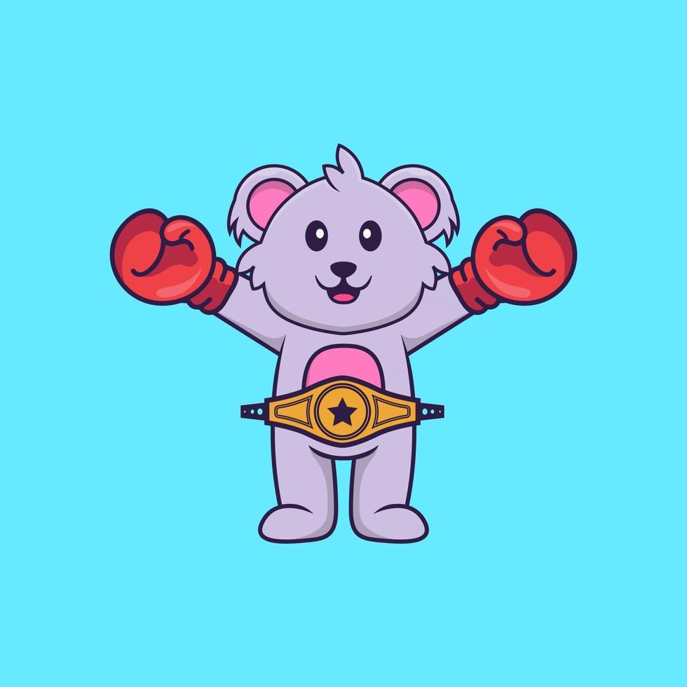 lindo koala en traje de boxeador con cinturón de campeón. aislado concepto de dibujos animados de animales. Puede utilizarse para camiseta, tarjeta de felicitación, tarjeta de invitación o mascota. estilo de dibujos animados plana vector