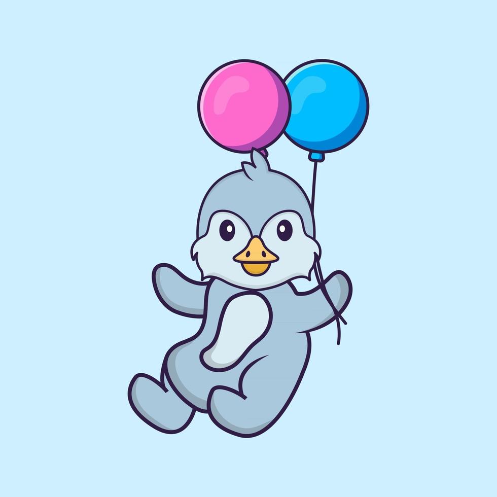 Cute bird flying with two balloons. Animal cartoon concept isolated. Can used for t-shirt, greeting card, invitation card or mascot. Flat Cartoon Style vector