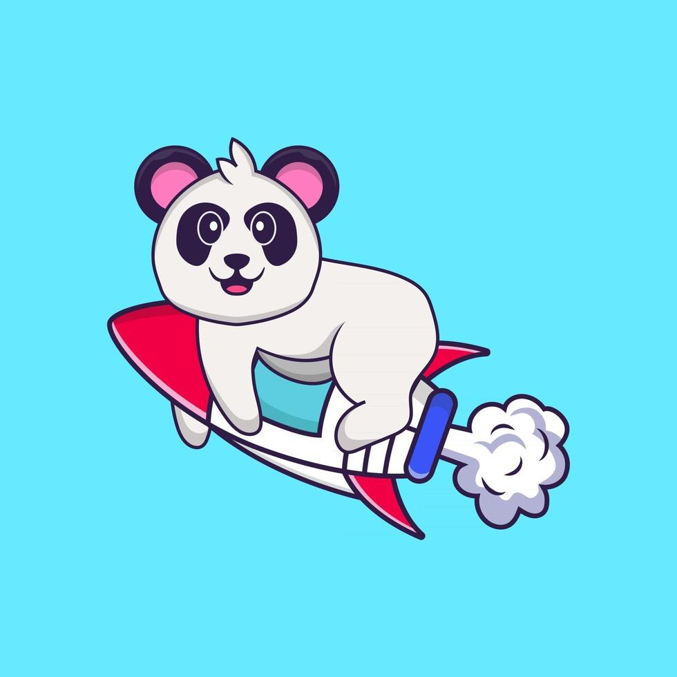 Cute Panda flying on rocket. Animal cartoon concept isolated. Can used for t-shirt, greeting card, invitation card or mascot. Flat Cartoon Style vector