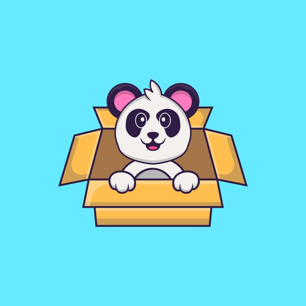 Cute Panda Playing In Box. Animal cartoon concept isolated. Can used for t-shirt, greeting card, invitation card or mascot. Flat Cartoon Style vector