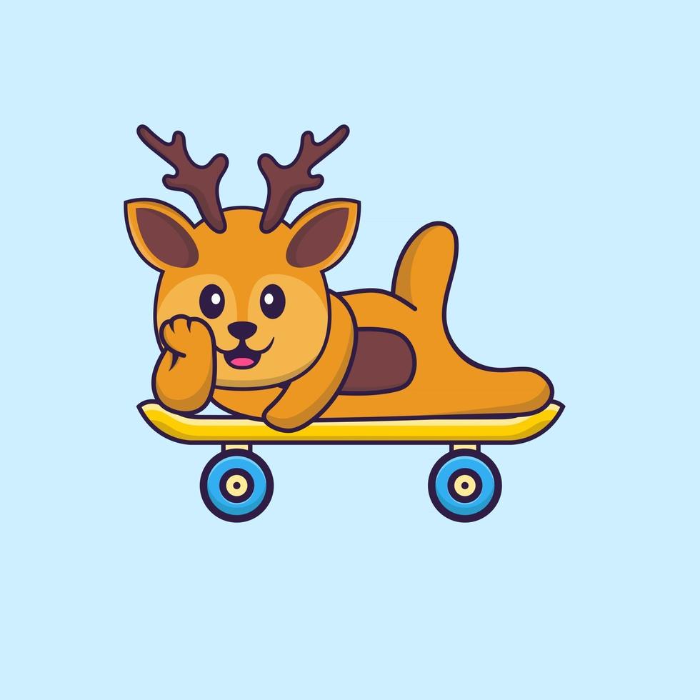 Cute deer lying on a skateboard. Animal cartoon concept isolated. Can used for t-shirt, greeting card, invitation card or mascot. Flat Cartoon Style vector