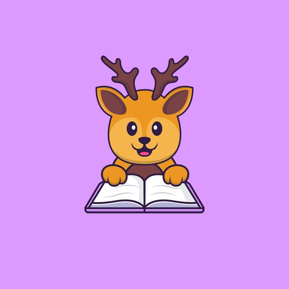 Cute deer reading a book. Animal cartoon concept isolated. Can used for t-shirt, greeting card, invitation card or mascot. Flat Cartoon Style vector