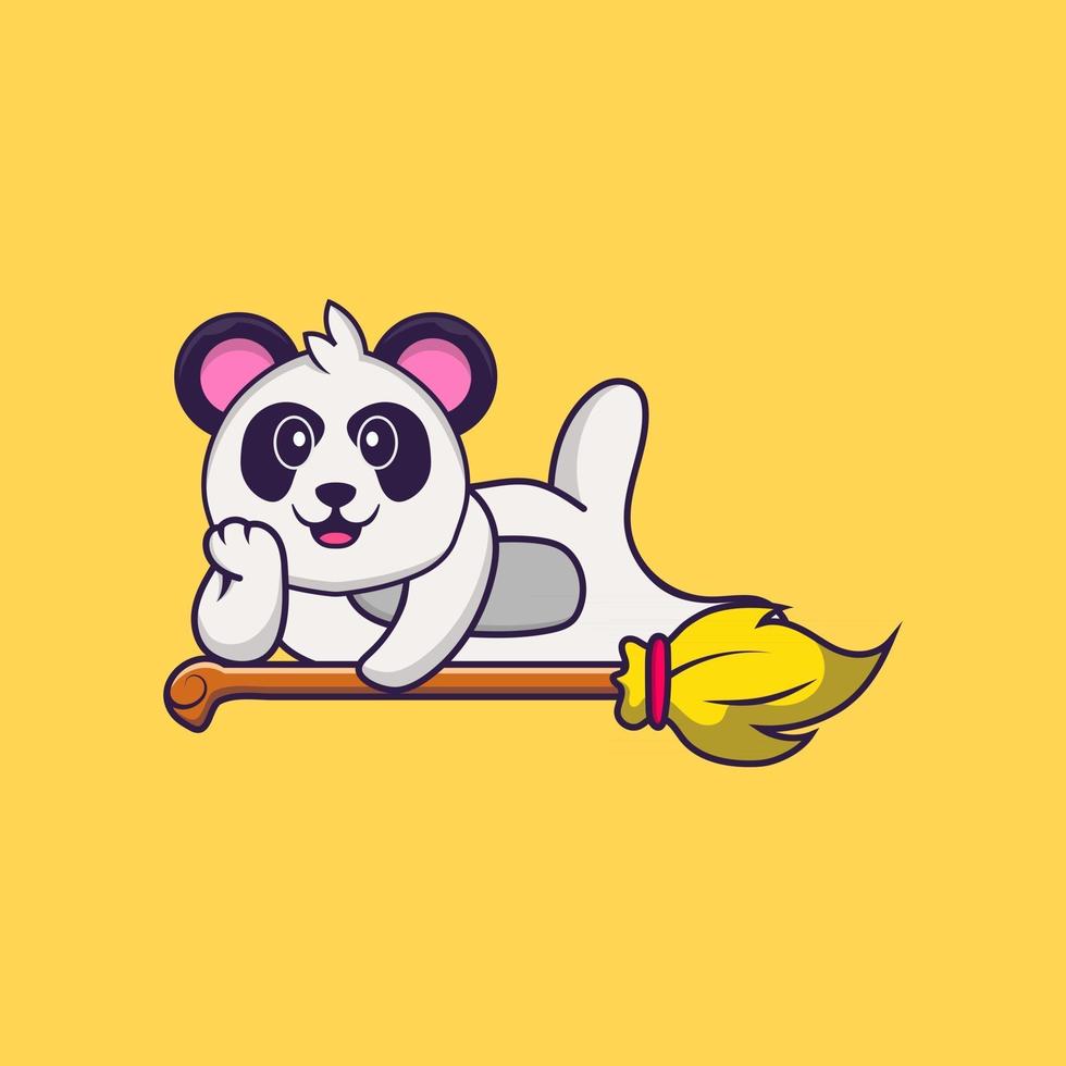 Cute Panda lying on Magic Broom. Animal cartoon concept isolated. Can used for t-shirt, greeting card, invitation card or mascot. Flat Cartoon Style vector