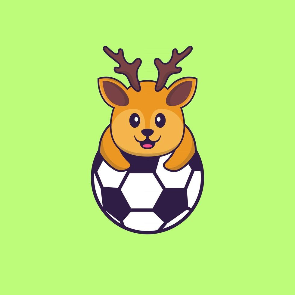 Cute deer playing soccer. Animal cartoon concept isolated. Can used for t-shirt, greeting card, invitation card or mascot. Flat Cartoon Style vector
